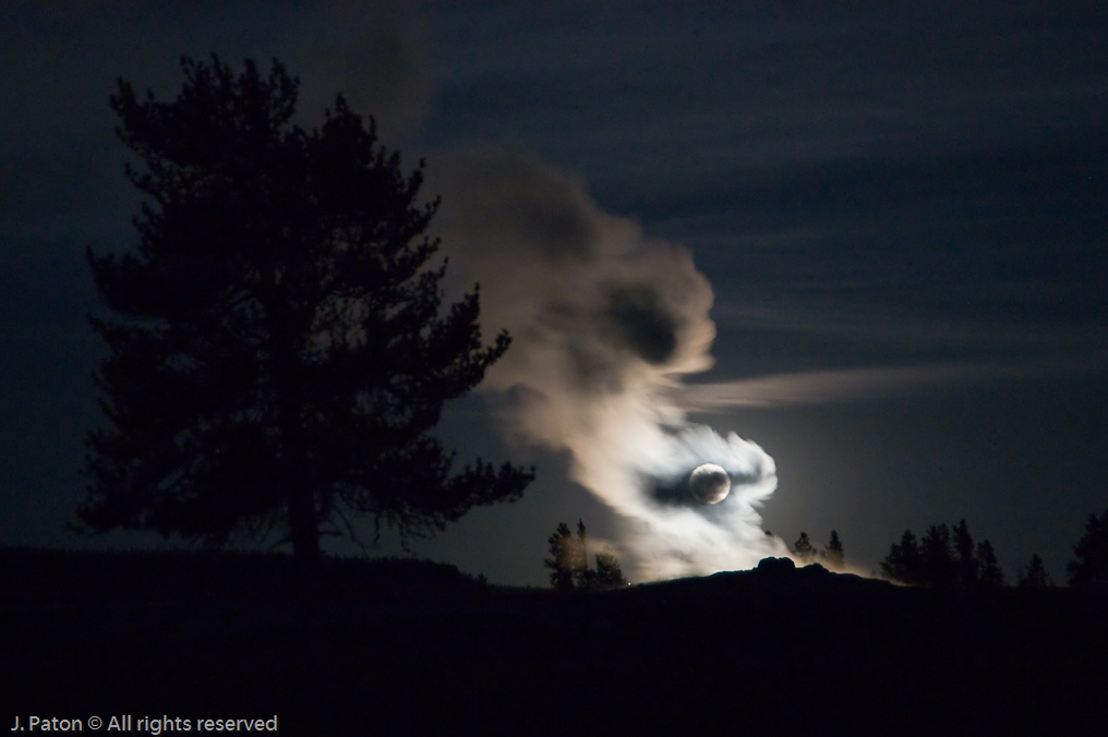 Full Moon Backlighting Old Faithful Eruption   Upper Geyser Basin, Yellowstone National Park, Wyoming