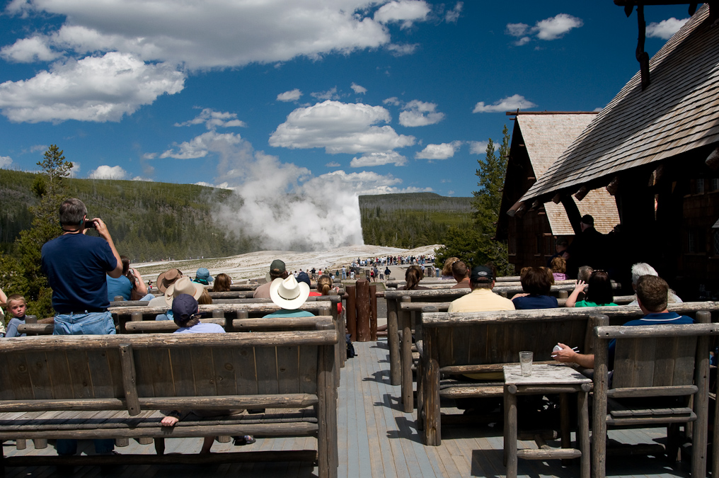 View of Old Faithful Geyser from Old Faithful Inn   Upper Geyser Basin, Yellowstone National Park