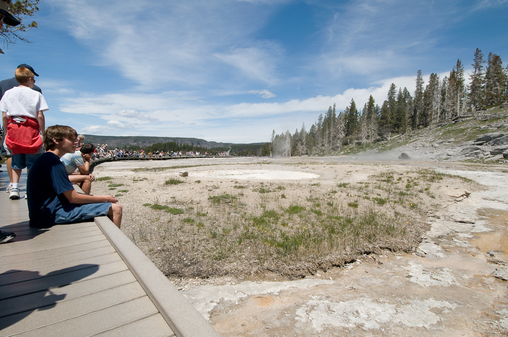 Brad Looking a Little Distorted at Grand Geyser   Upper Geyser Basin, Yellowstone National Park